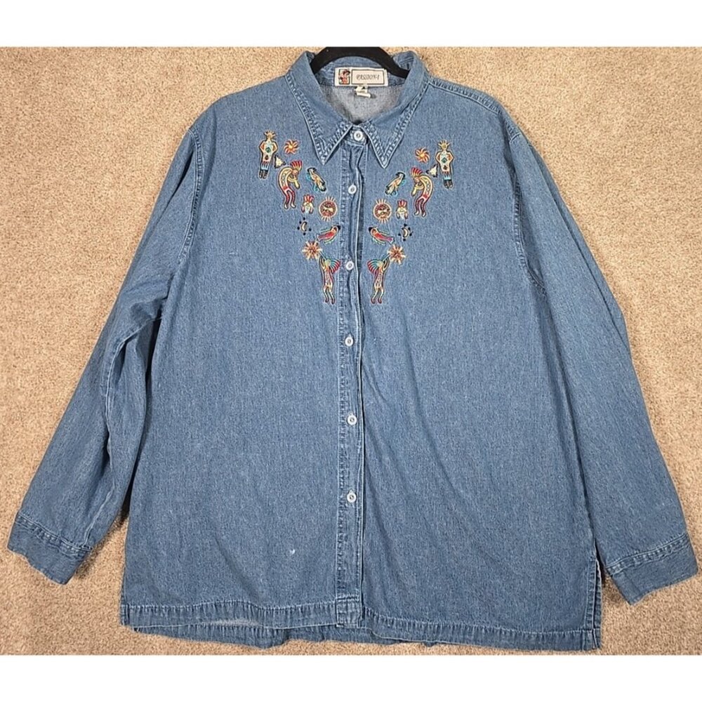 Passion-I Vtg Chambray Button Up Tunic Native American Embroidery Tribal Size 3X